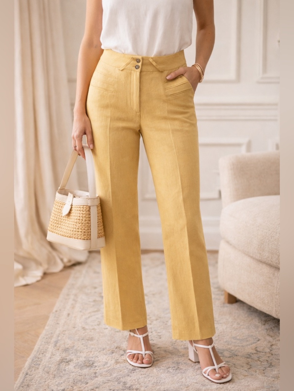 Dolce & Gabbana Yellow Linen Straight Leg Pants EU 42 US 6